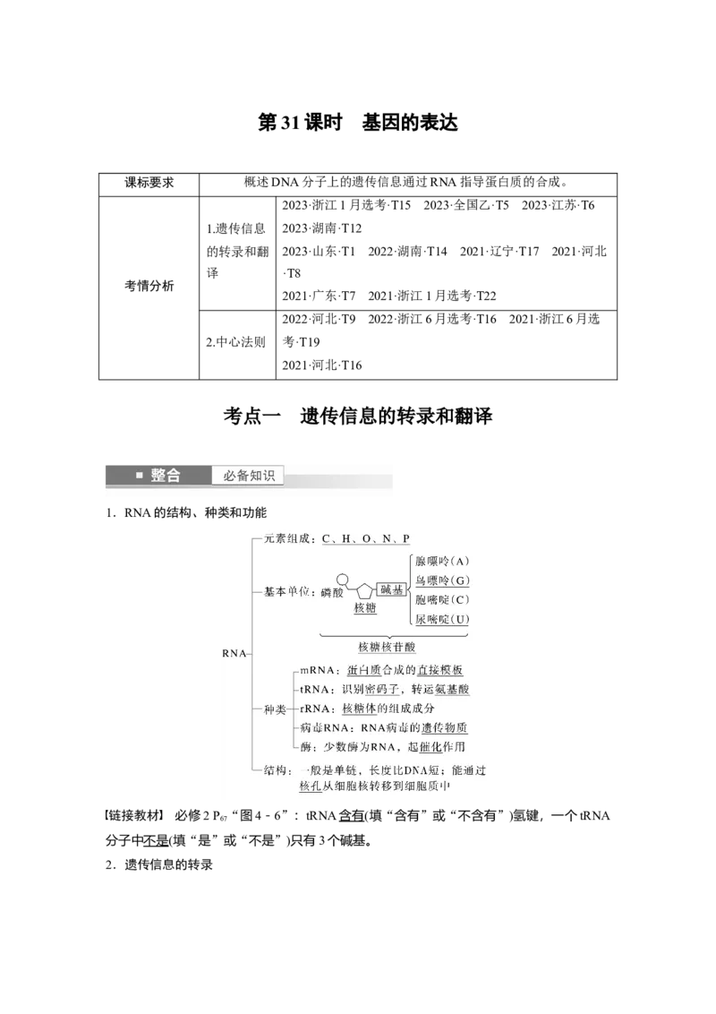 第六单元　第31课时　基因的表达_2025年新高考资料_一轮复习_2025大一轮复习讲义+课件（完结）_2025大一轮复习讲义生物教师用书Word版文档整书_配套Word版文档第三~六单元