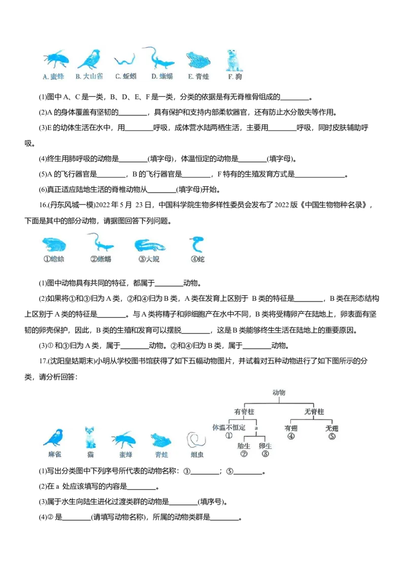 2026年中考生物复习专题练习：专题五动物（含答案）_6生物中考复习_2026年中考复习（更新中）_2026年中考生物一轮复习专题练习（含答案）