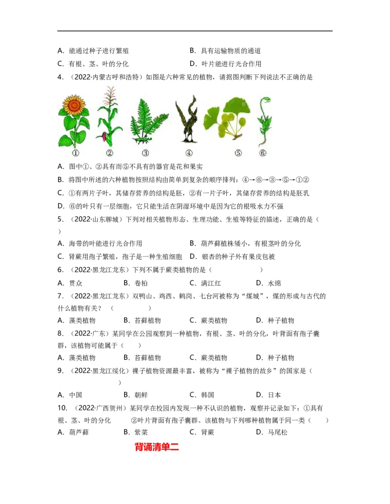 专题03生物圈中的绿色植物（一）背诵清单+跟踪训练（学生版）_6生物中考复习_2023年中考复习资料_一轮复习_2023年中考生物一轮大单元复习过过过（全国通用）