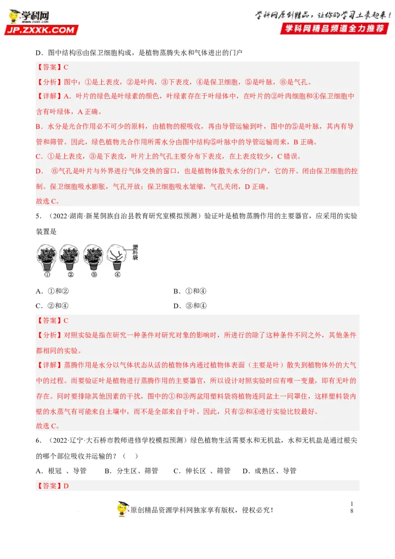专题05绿色植物的蒸腾作用、光合作用和呼吸作用（习题帮）（解析版）_6生物中考复习_2023年中考复习资料_一轮复习_备战2023年中考生物一轮复习考点帮（全国通用）288506454