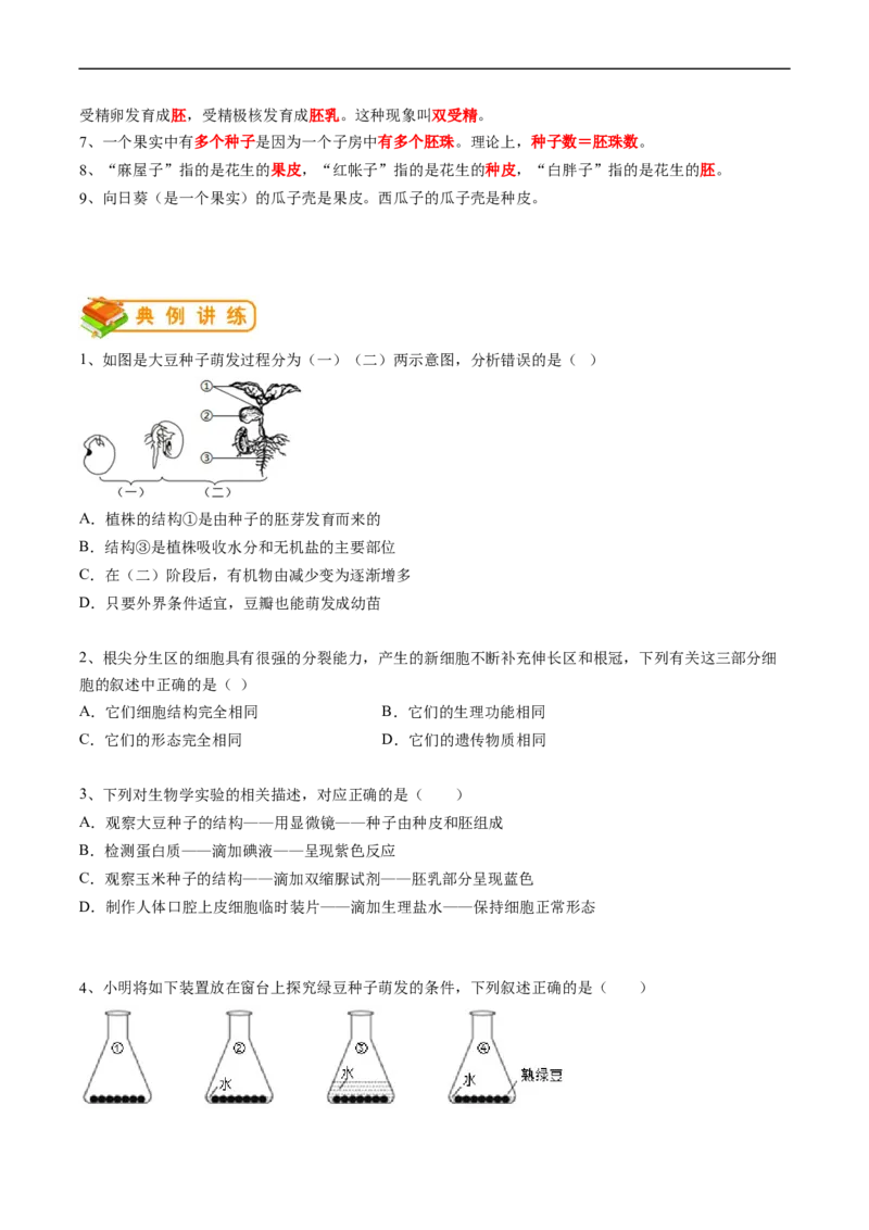 专题06被子植物的一生-2022年中考生物一轮复习抓重点考典型（人教版）（原卷版）_6生物中考复习_2023年中考复习资料_一轮复习_2022年中考生物一轮复习抓重点考典型（人教版）