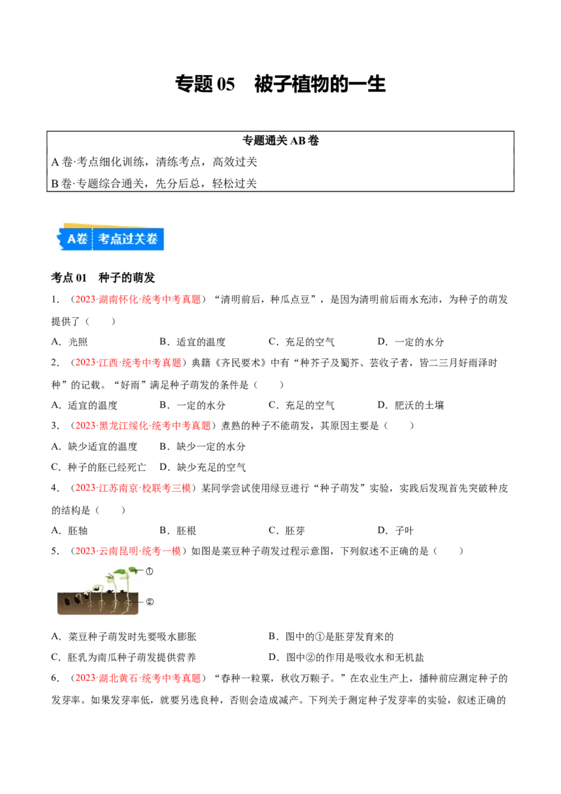 专题05被子植物的一生（原卷版）_6生物中考复习_2024年中考复习资料_一轮复习资料_❤备战2024年中考生物一轮复习考点帮（全国通用）_配套练习（原卷版+解析版）