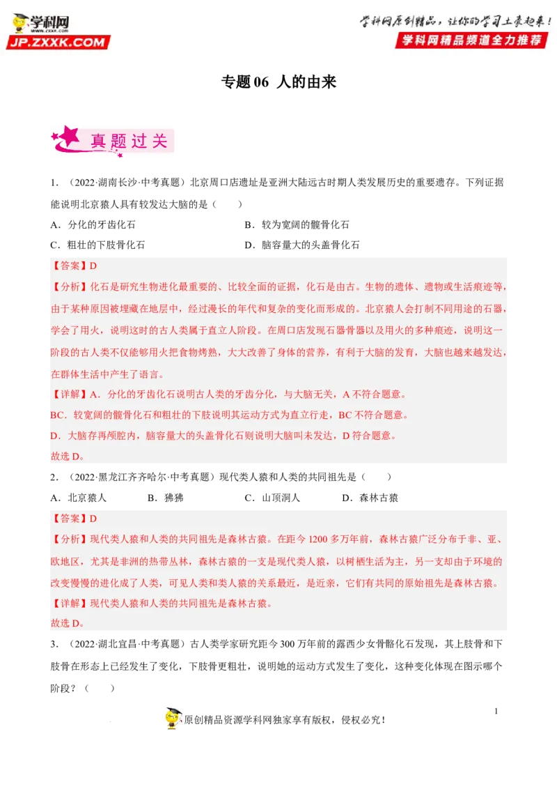 专题06人的由来（习题帮）（解析版）_6生物中考复习_2023年中考复习资料_一轮复习_备战2023年中考生物一轮复习考点帮（全国通用）288506454