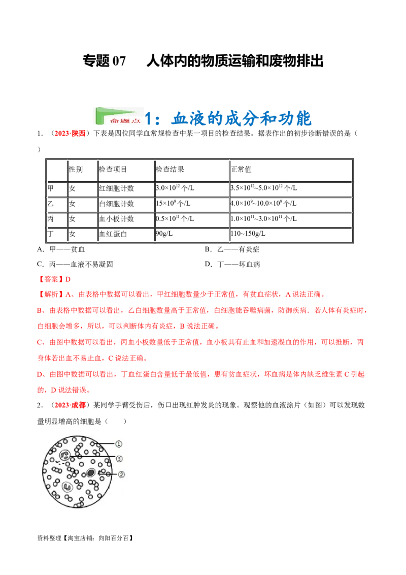 专题07&nbsp;人体内的物质运输和废物排出（解析版）_6生物中考复习_2024年中考复习资料_专项复习资料_完三年（2021-2023）中考生物真题分项汇编（全国通用）_答案解析版