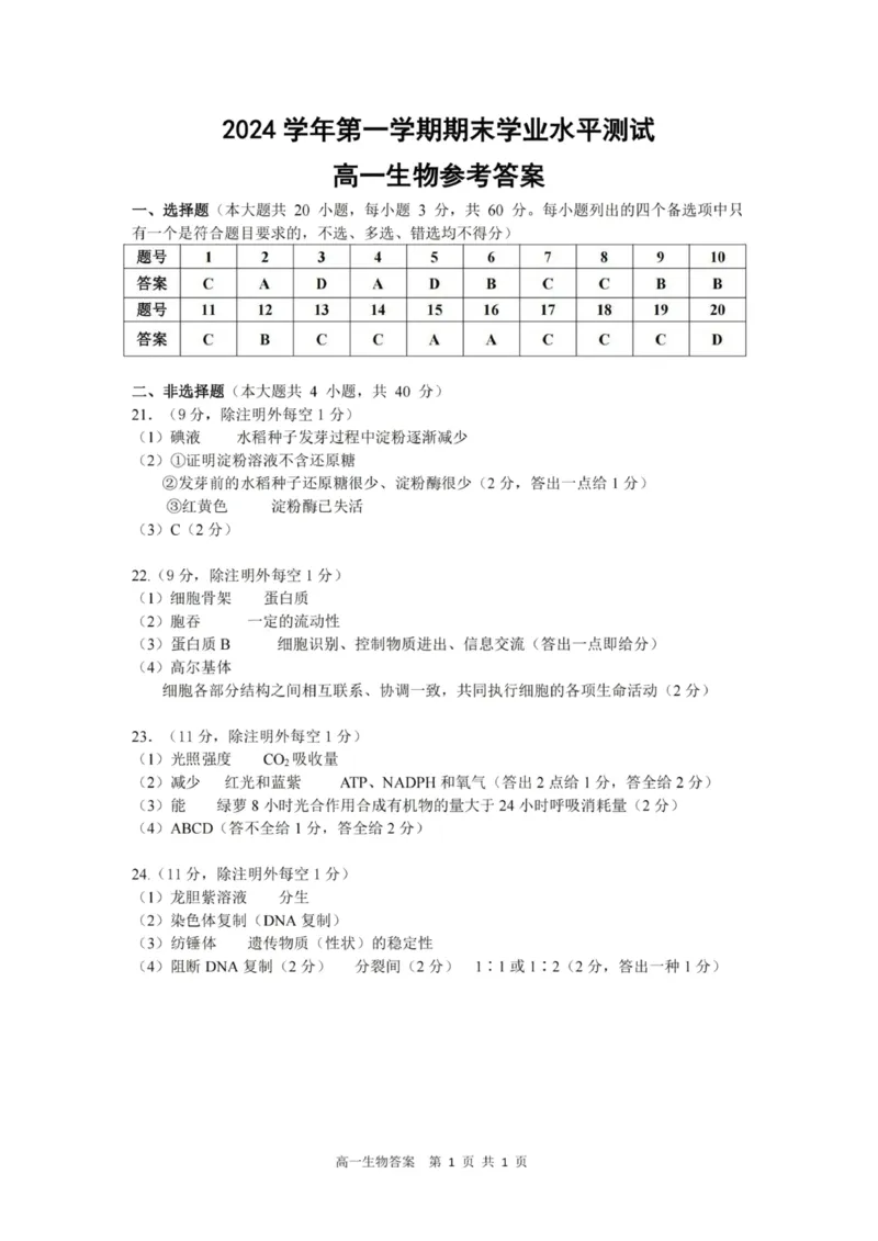 答案_2025年02月试卷_0226浙江省杭州市2024-2025学年高一上学期1月期末考试_浙江省杭州市2024-2025学年高一上学期1月期末考试生物PDF版含答案