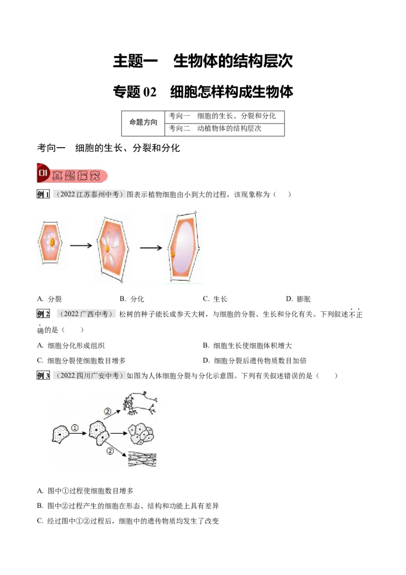 专题02细胞怎样构成生物体（原卷版）_6生物中考复习_2023年中考复习资料_专项复习_2023年中考生物总复习真题探究与变式训练（全国通用）