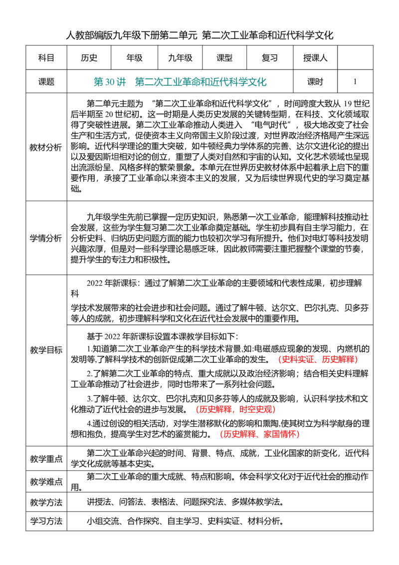 30第二次工业革命和近代科学文化（教案）_8历史中考复习_2026年中考复习（更新中）_2026中考历史一轮复习课件+教案+单元测试卷_教案