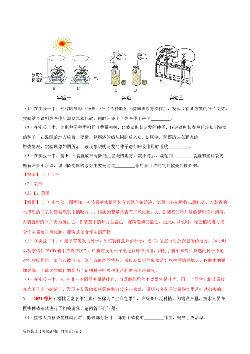 专题04&nbsp;绿色植物的蒸腾作用、光合作用和呼吸作用（解析版）_6生物中考复习_2024年中考复习资料_专项复习资料_完三年（2021-2023）中考生物真题分项汇编（全国通用）_答案解析版