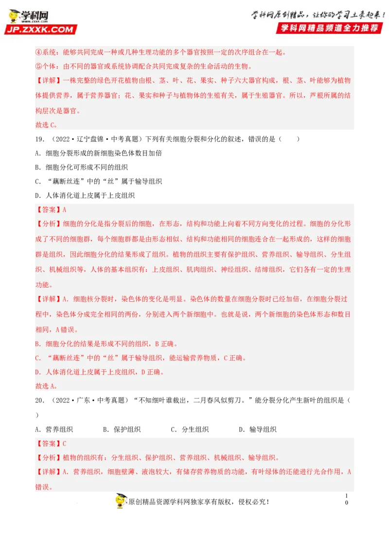 专题03生物体的结构层次（习题帮）（解析版）_6生物中考复习_2023年中考复习资料_一轮复习_备战2023年中考生物一轮复习考点帮（全国通用）288506454