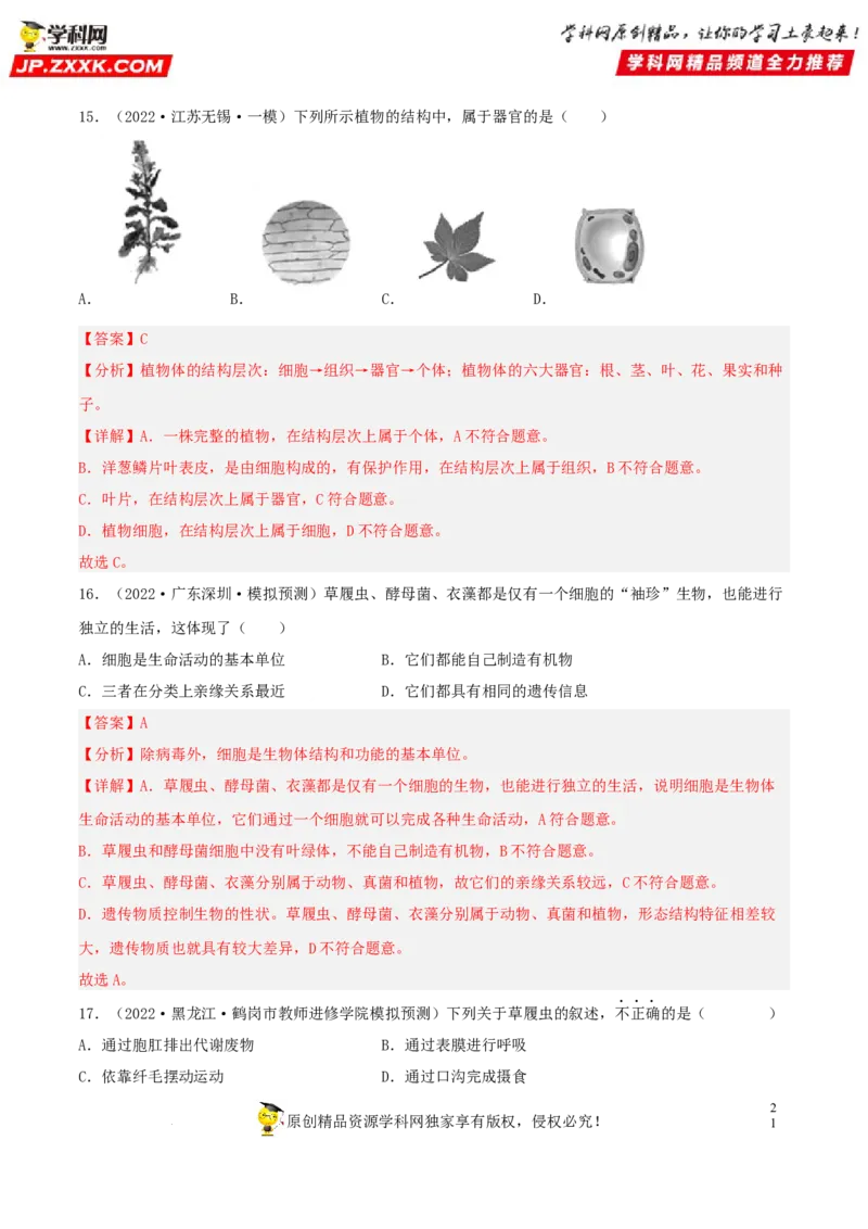 专题03生物体的结构层次（习题帮）（解析版）_6生物中考复习_2023年中考复习资料_一轮复习_备战2023年中考生物一轮复习考点帮（全国通用）288506454