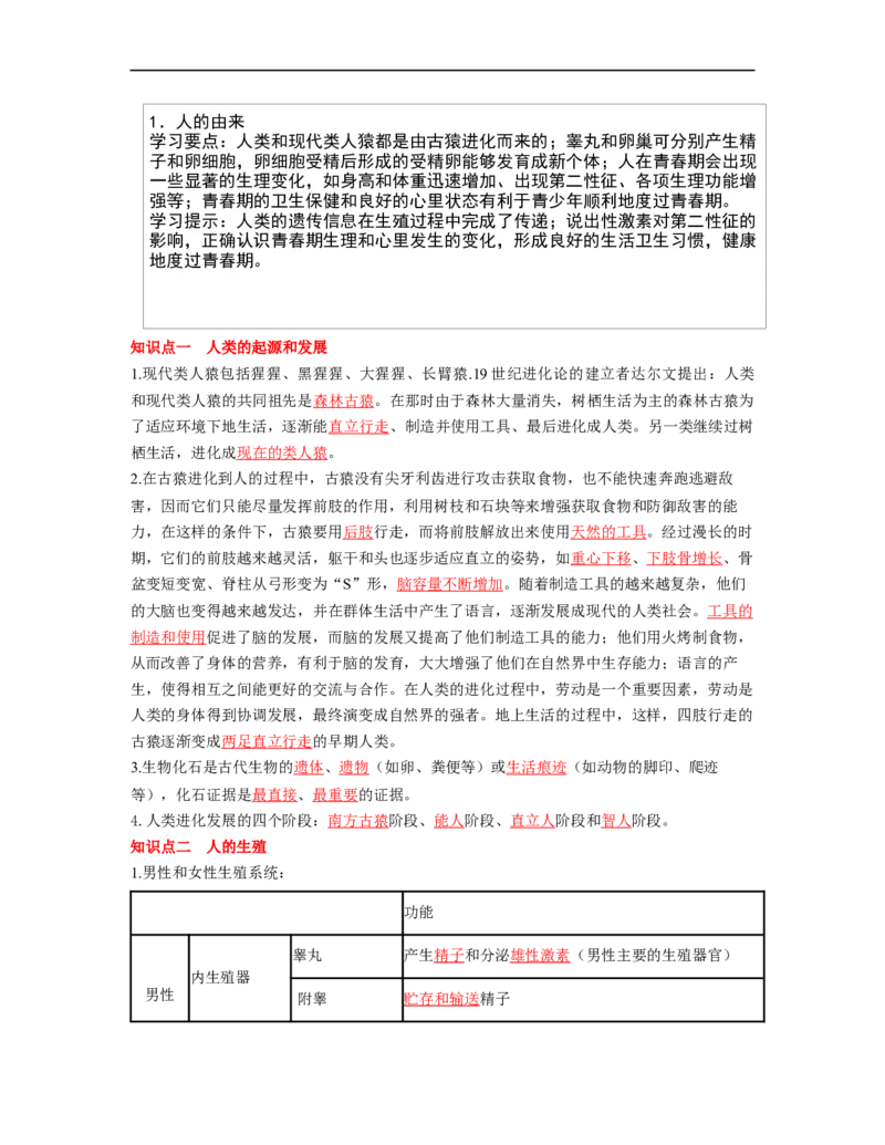 专题04生物圈中的人（一）背诵清单+跟踪训练（教师版）_6生物中考复习_2023年中考复习资料_一轮复习_2023年中考生物一轮大单元复习过过过（全国通用）