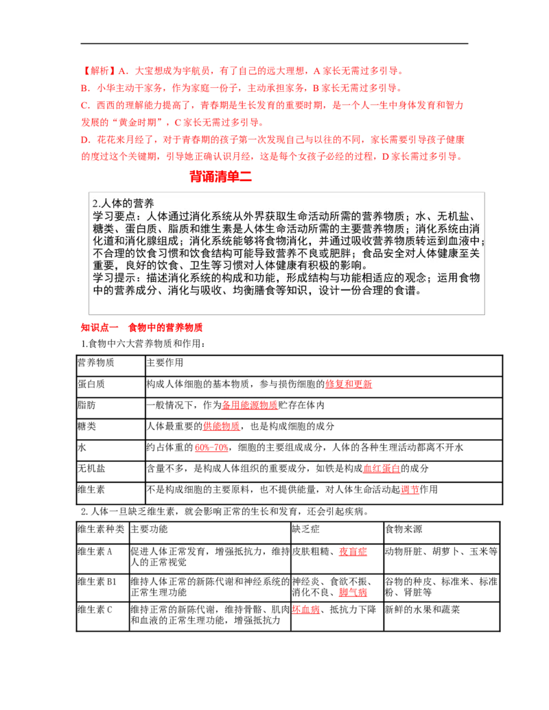 专题04生物圈中的人（一）背诵清单+跟踪训练（教师版）_6生物中考复习_2023年中考复习资料_一轮复习_2023年中考生物一轮大单元复习过过过（全国通用）