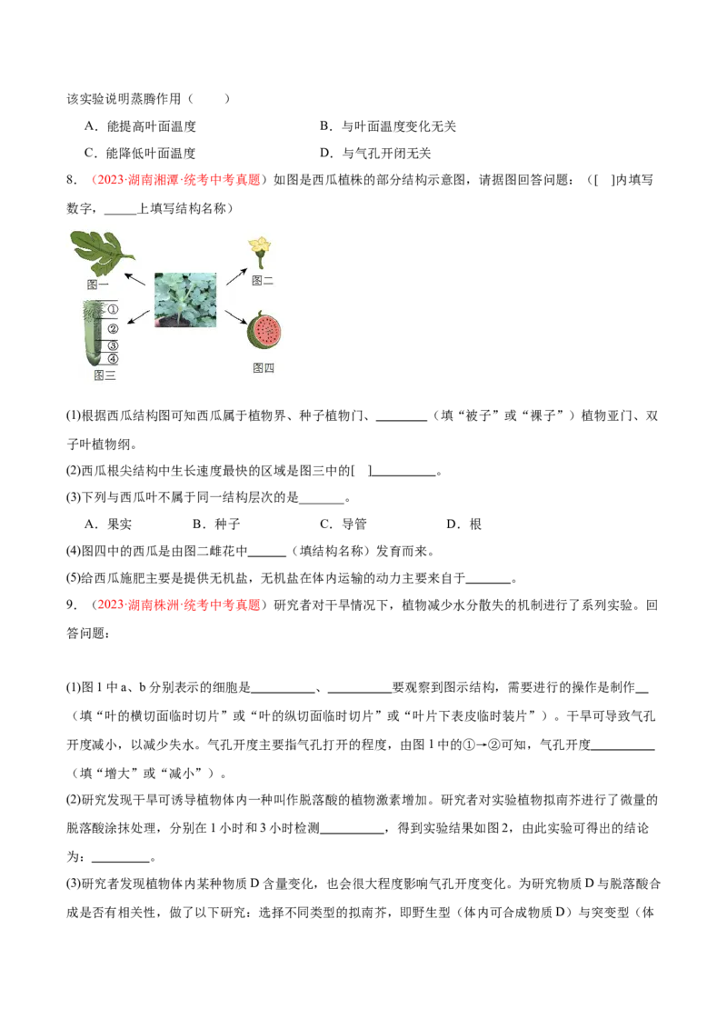 专题06绿色植物与生物圈的水循环（原卷版）_6生物中考复习_2024年中考复习资料_一轮复习资料_❤备战2024年中考生物一轮复习考点帮（全国通用）_配套练习（原卷版+解析版）