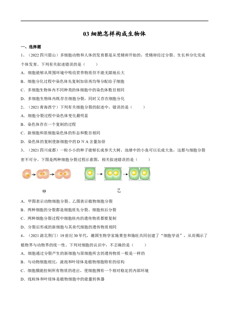 专题03细胞怎样构成生物体（原卷版）_6生物中考复习_2023年中考复习资料_一轮复习_2023年中考生物一轮复习讲练测_专题03细胞怎样构成生物体（专题精练）-2023年中考生物一轮复习讲练测