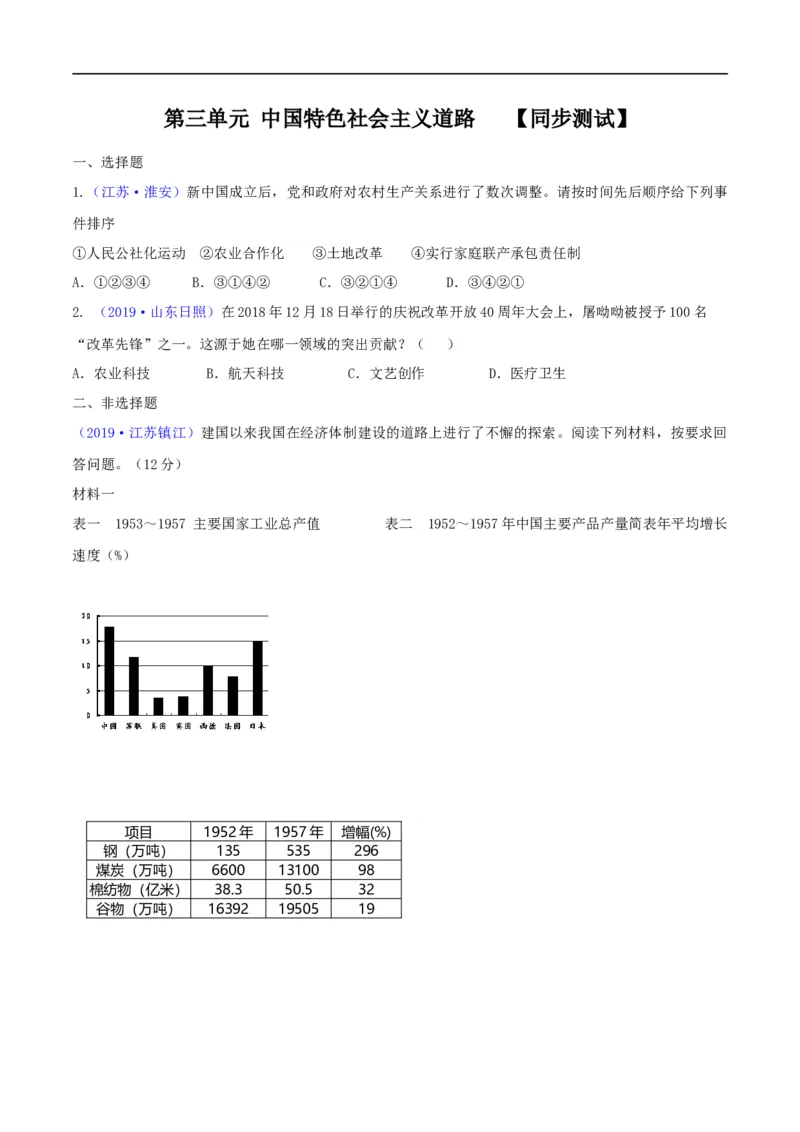 专题03中国特色社会主义道路（测试)（原卷版）_8历史中考复习_2023年中考复习资料_一轮复习_2023中考历史一轮复习学历案+教学设计+课件+测试+背诵清单(部编版)-----