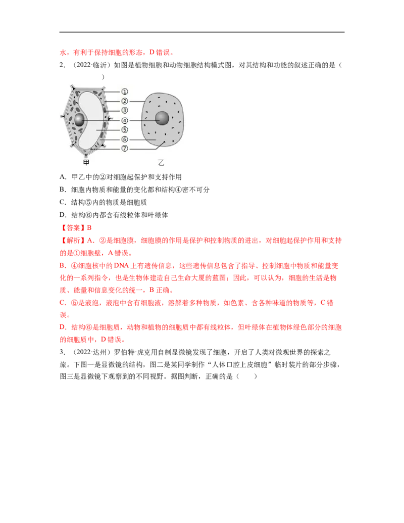 专题02生物体的结构层次背诵清单+跟踪训练（教师版）_6生物中考复习_2023年中考复习资料_一轮复习_2023年中考生物一轮大单元复习过过过（全国通用）