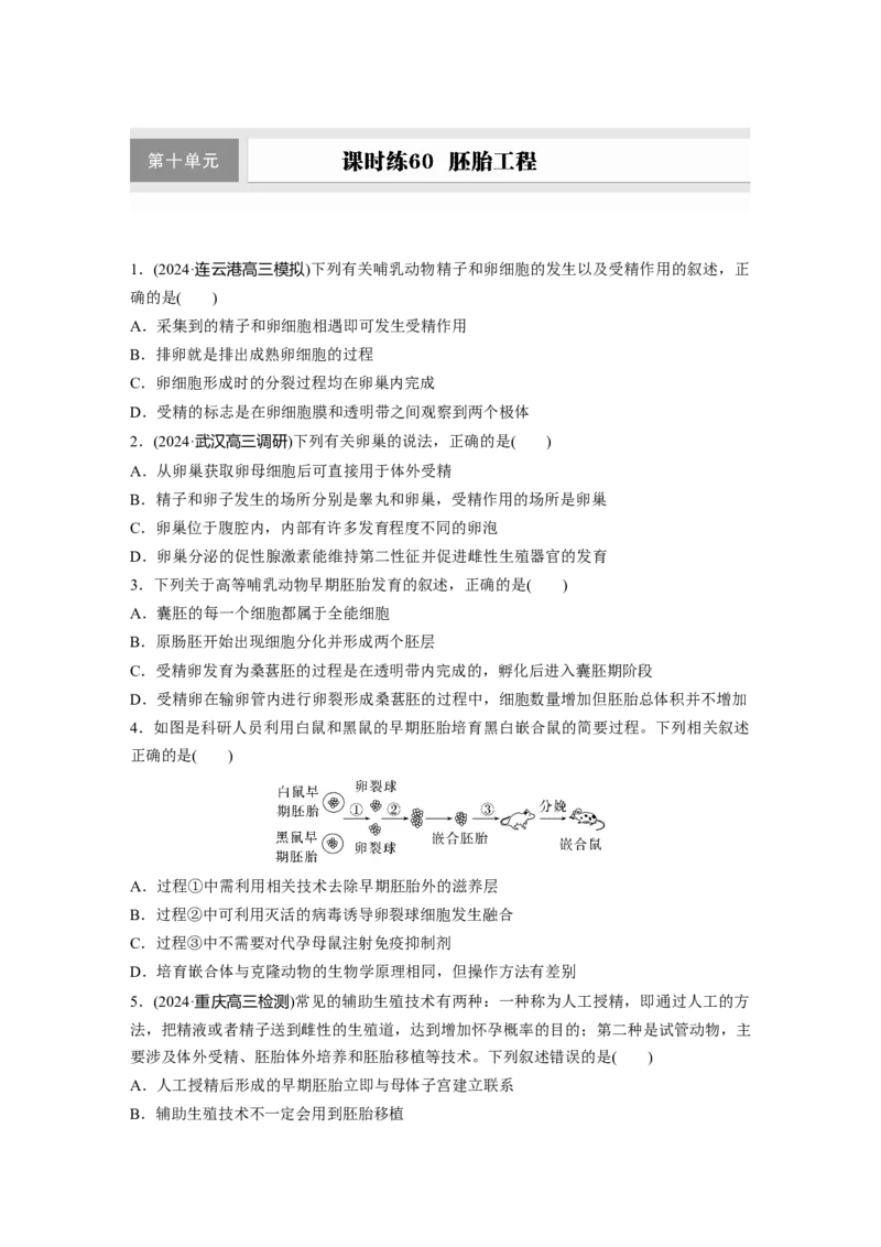 第十单元　课时练60　胚胎工程_2025年新高考资料_一轮复习_2025大一轮复习讲义+课件（完结）_2025大一轮复习讲义生物学生用书Word版文档整书_2025一轮复习73练