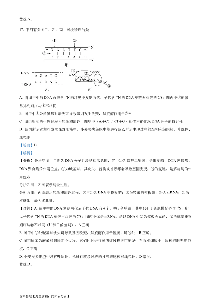 精品解析：2024届湖北省新高考全国Ⅰ卷模拟-生物试题（解析版）_生物高考模拟题_新高考_2024年_精品解析：2024届湖北省新高考全国Ⅰ卷模拟-生物试题