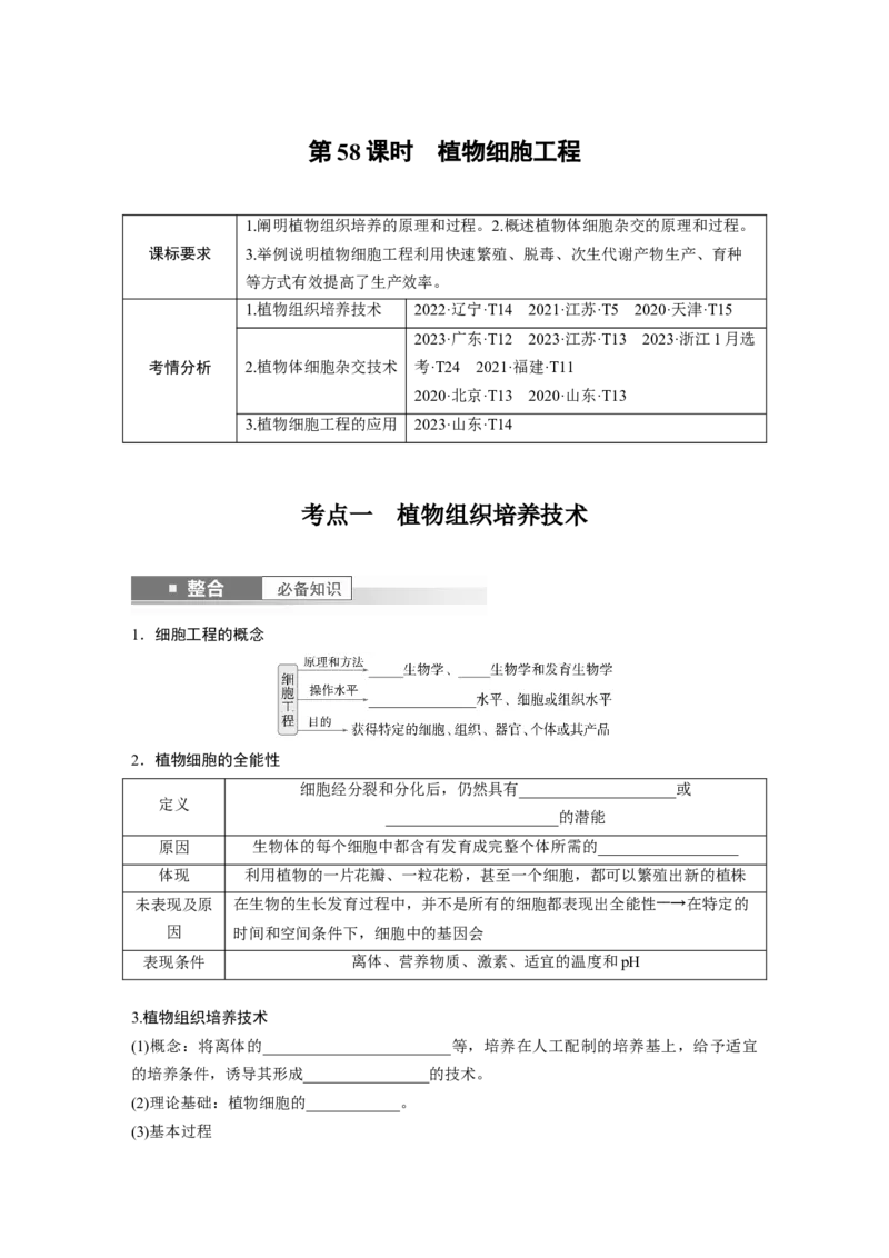 第十单元　第58课时　植物细胞工程_2025年新高考资料_一轮复习_2025大一轮复习讲义+课件（完结）_2025大一轮复习讲义生物学生用书Word版文档整书_2025大一轮复习讲义