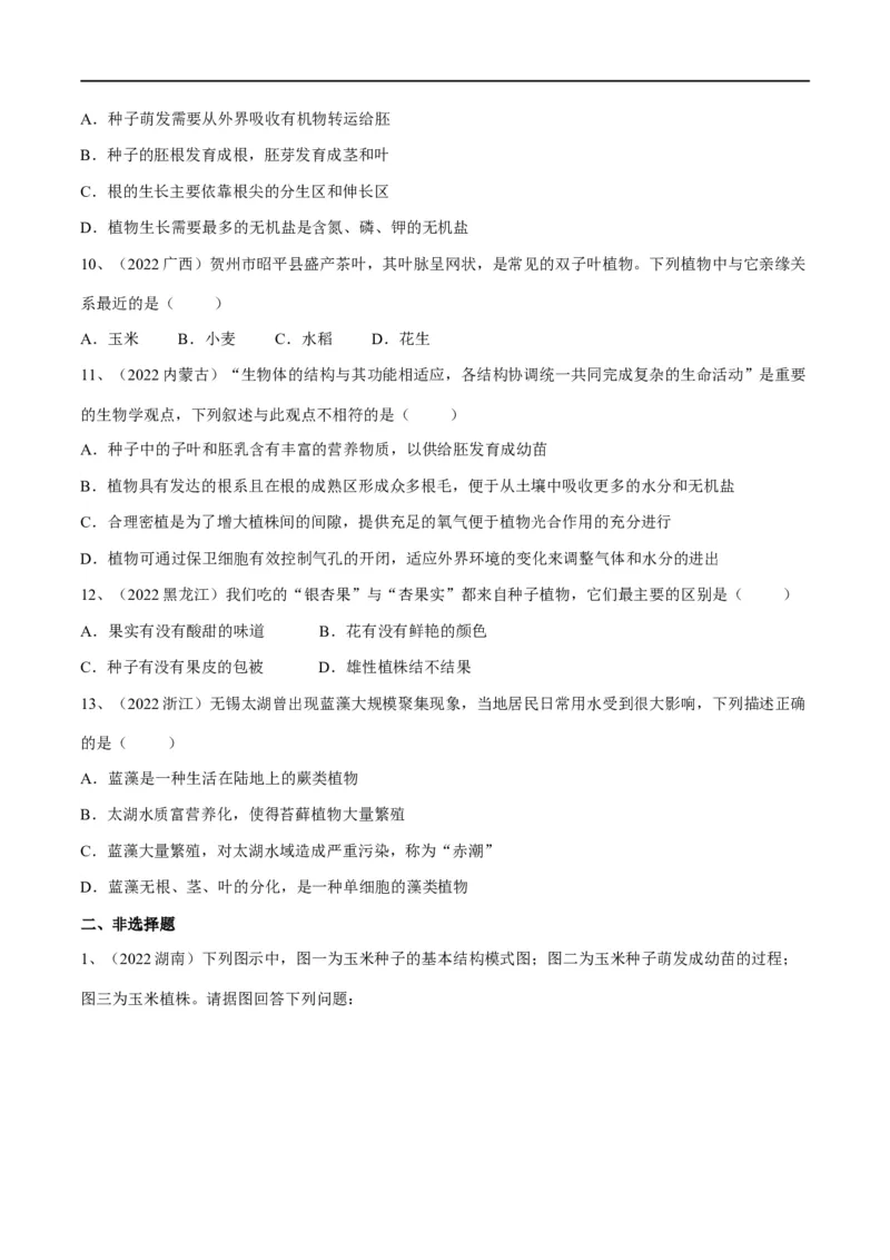 专题04生物圈中有哪些绿色植物（原卷版）_6生物中考复习_2023年中考复习资料_一轮复习_2023年中考生物一轮复习讲练测