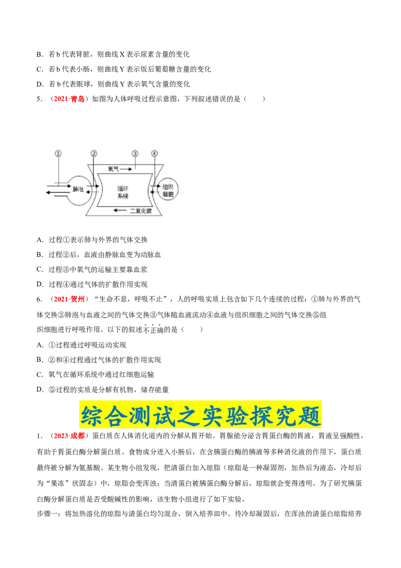 专题06&nbsp;人体的营养和呼吸（原卷版）_6生物中考复习_2024年中考复习资料_专项复习资料_完三年（2021-2023）中考生物真题分项汇编（全国通用）