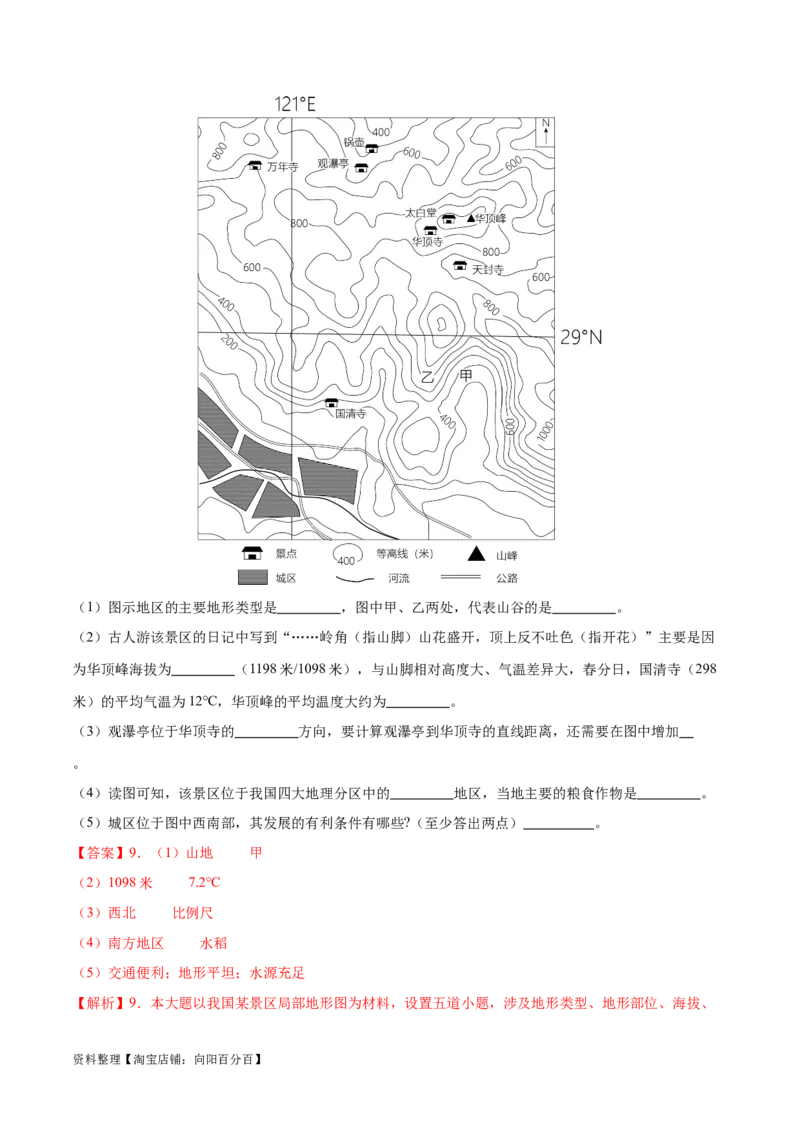 专题03等高线地形图-备战2024年中考地理识图速记手册与变式演练（全国通用）（解析版）_7地理中考复习_2024年中考复习资料_专项复习资料_答案解析版