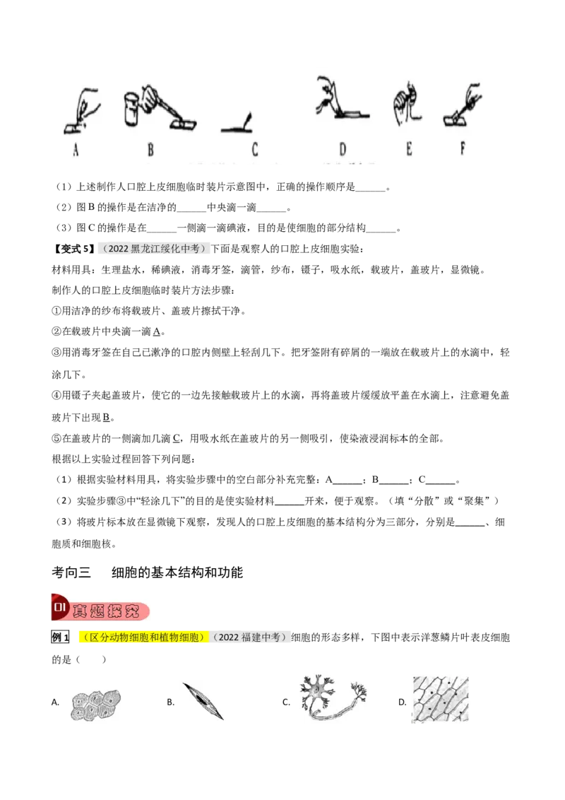 专题01细胞是生命活动的基本单位（原卷版）_6生物中考复习_2023年中考复习资料_专项复习_2023年中考生物总复习真题探究与变式训练（全国通用）