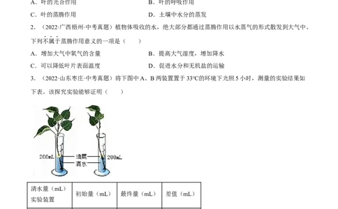 专题05绿色植物的蒸腾作用、光合作用和呼吸作用（习题帮）（原卷版）_6生物中考复习_2023年中考复习资料_一轮复习_备战2023年中考生物一轮复习考点帮（全国通用）288506454