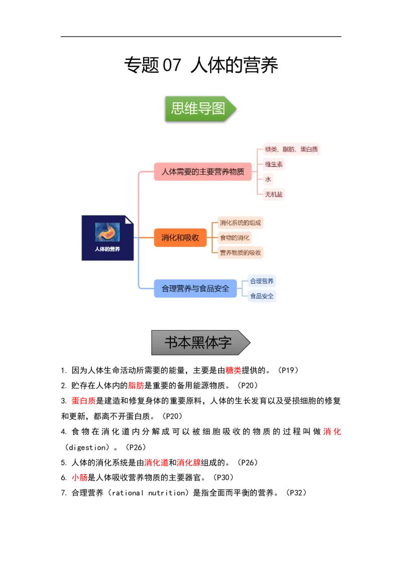 专题07人体的营养-备战2023年中考生物核心考点梳理与必背_6生物中考复习_2023年中考复习资料_专项复习_备战2023年中考生物核心考点梳理与必背