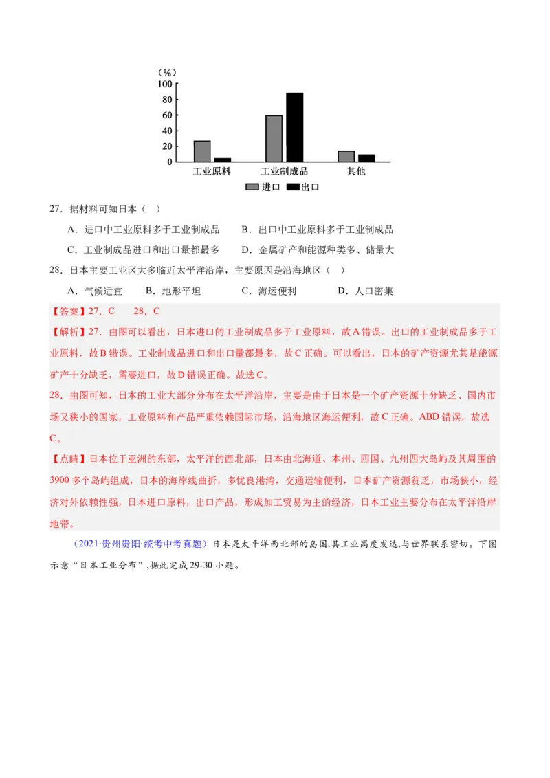 专题08东亚与日本（原卷版）_7地理中考复习_2024年中考复习资料_专项复习资料_完三年（2021-2023）中考地理真题分项汇编（全国通用）