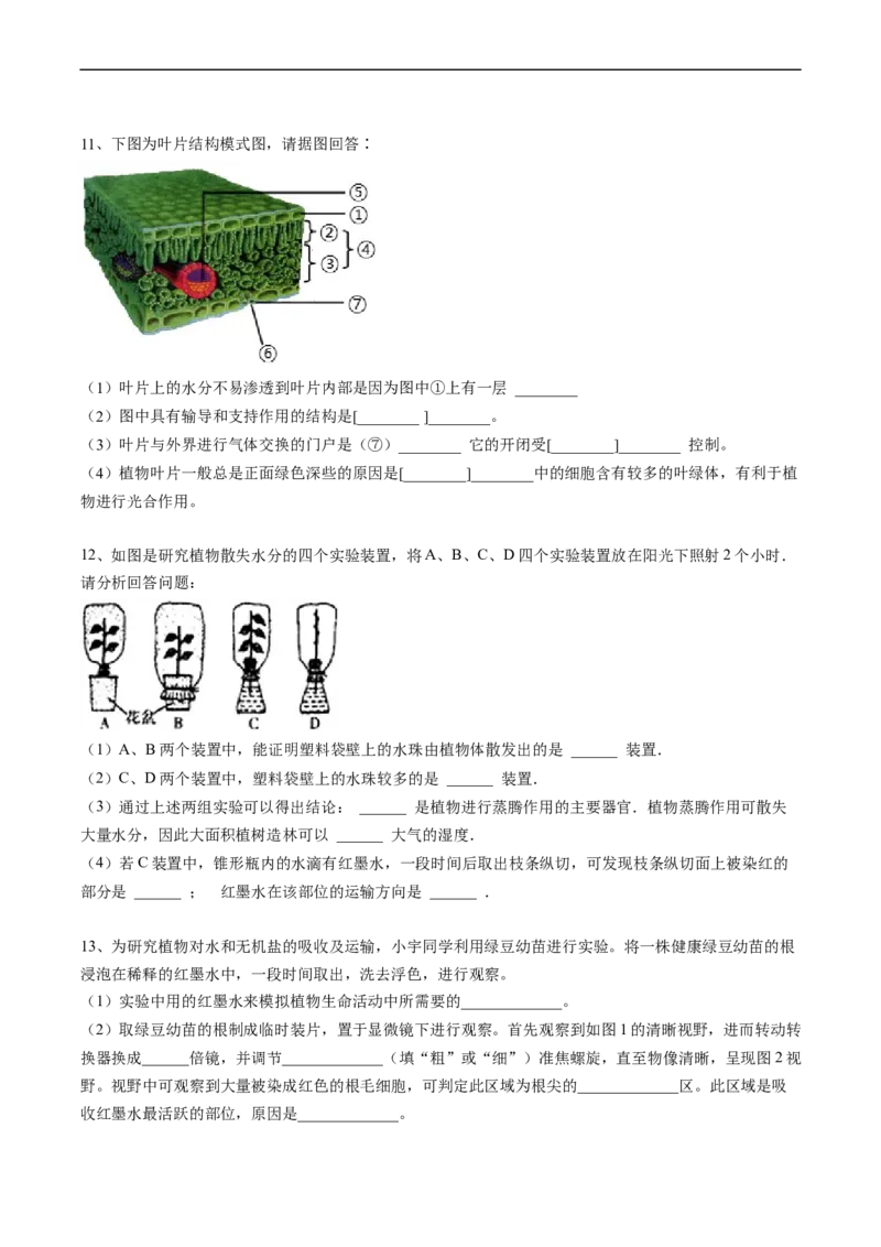 专题07绿色植物与生物圈的水循环-2022年中考生物一轮复习抓重点考典型（人教版）（原卷版）_6生物中考复习_2023年中考复习资料_一轮复习_2022年中考生物一轮复习抓重点考典型（人教版）