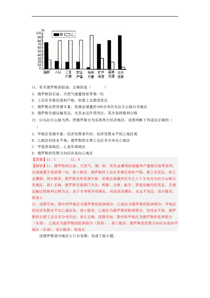 专题13走进国家-俄罗斯、美国（专项测试）（解析版）-2023年中考地理一轮复习讲练测_7地理中考复习_2023年中考复习资料_一轮复习_2023年中考地理一轮复习讲练测
