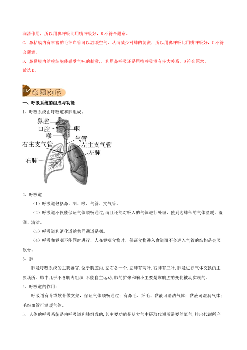 专题13人体的呼吸（解析版）_6生物中考复习_2023年中考复习资料_专项复习_2023年中考生物总复习真题探究与变式训练（全国通用）