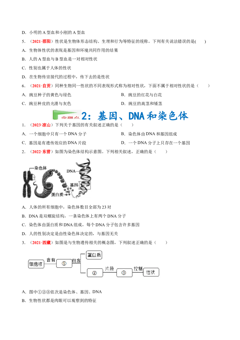 专题13&nbsp;生物的遗传和变异（原卷版）_6生物中考复习_2024年中考复习资料_专项复习资料_完三年（2021-2023）中考生物真题分项汇编（全国通用）