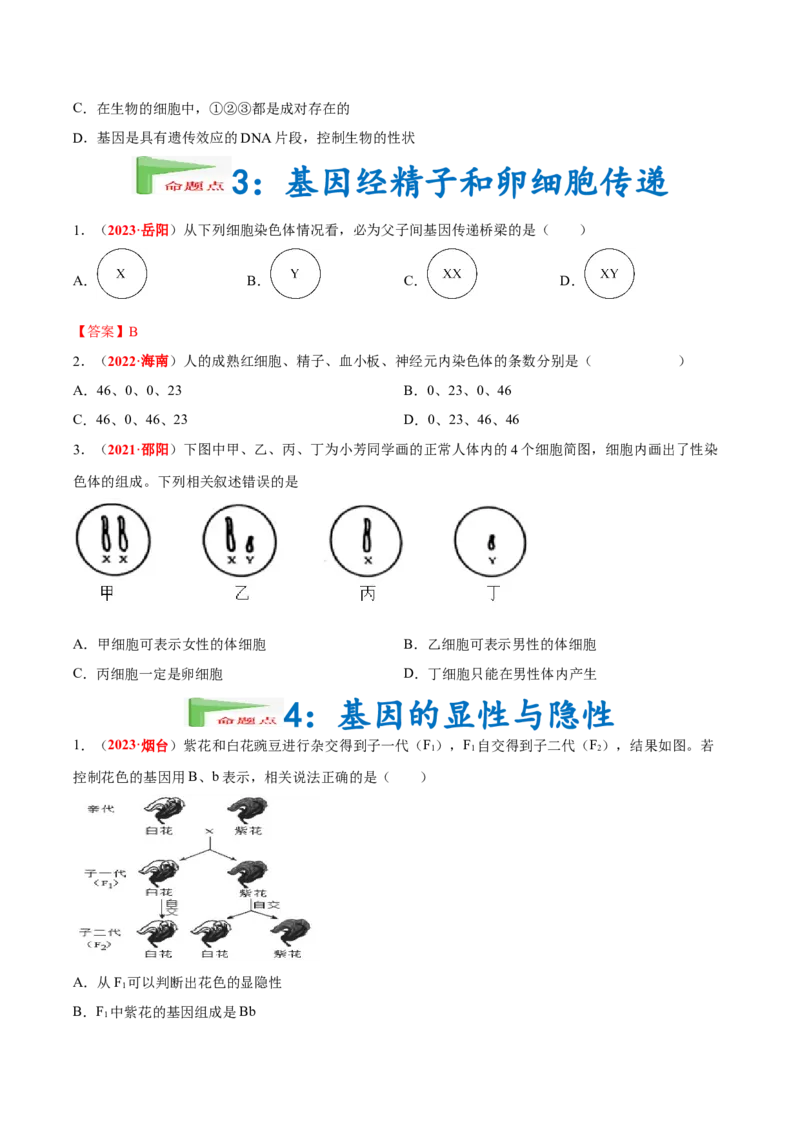 专题13&nbsp;生物的遗传和变异（原卷版）_6生物中考复习_2024年中考复习资料_专项复习资料_完三年（2021-2023）中考生物真题分项汇编（全国通用）