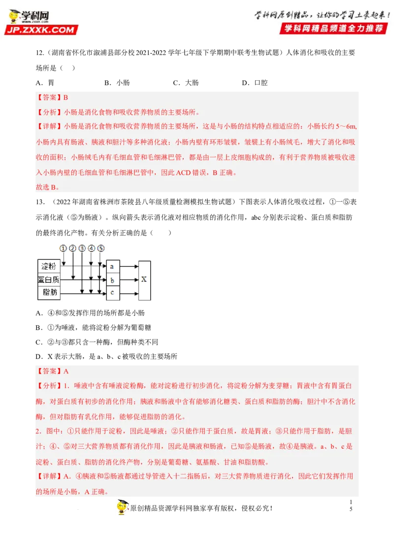 专题08人体的营养（习题帮）（解析版）_6生物中考复习_2023年中考复习资料_一轮复习_备战2023年中考生物一轮复习考点帮（全国通用）288506454