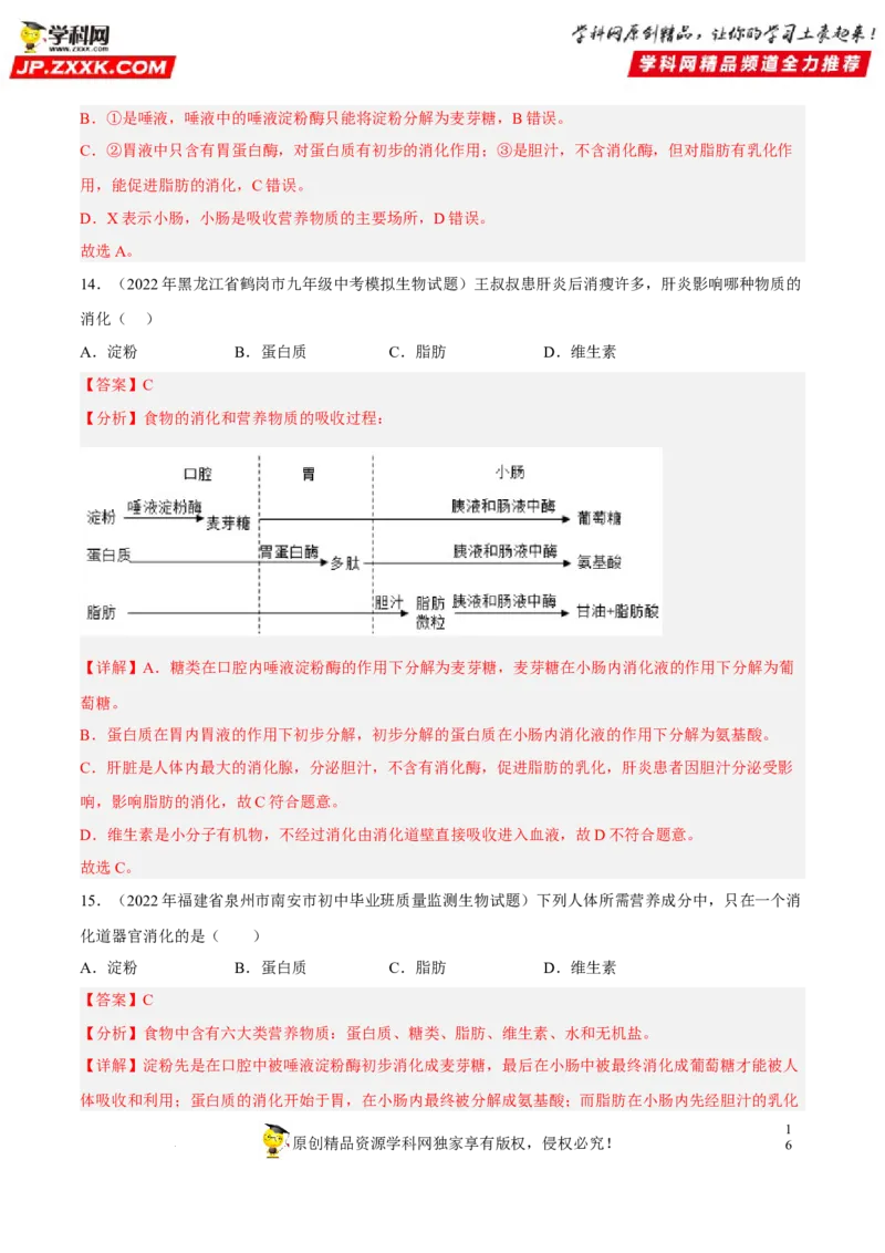 专题08人体的营养（习题帮）（解析版）_6生物中考复习_2023年中考复习资料_一轮复习_备战2023年中考生物一轮复习考点帮（全国通用）288506454