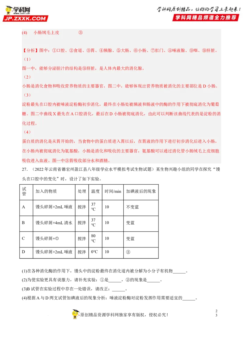 专题08人体的营养（习题帮）（解析版）_6生物中考复习_2023年中考复习资料_一轮复习_备战2023年中考生物一轮复习考点帮（全国通用）288506454