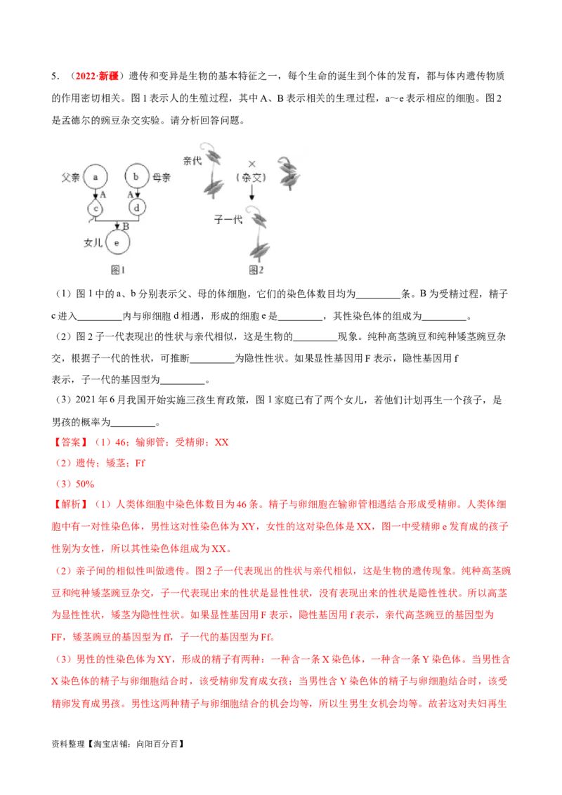 专题13&nbsp;生物的遗传和变异（解析版）_6生物中考复习_2024年中考复习资料_专项复习资料_完三年（2021-2023）中考生物真题分项汇编（全国通用）_答案解析版