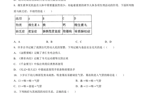 专题10人体的营养（习题精练）（全国通用）（原卷版）_6生物中考复习_2024年中考复习资料_一轮复习资料_省心备考2024年中考生物一轮复习精讲精练（全国通用）
