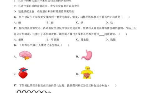 专题10人体的营养（习题精练）（全国通用）（原卷版）_6生物中考复习_2024年中考复习资料_一轮复习资料_省心备考2024年中考生物一轮复习精讲精练（全国通用）