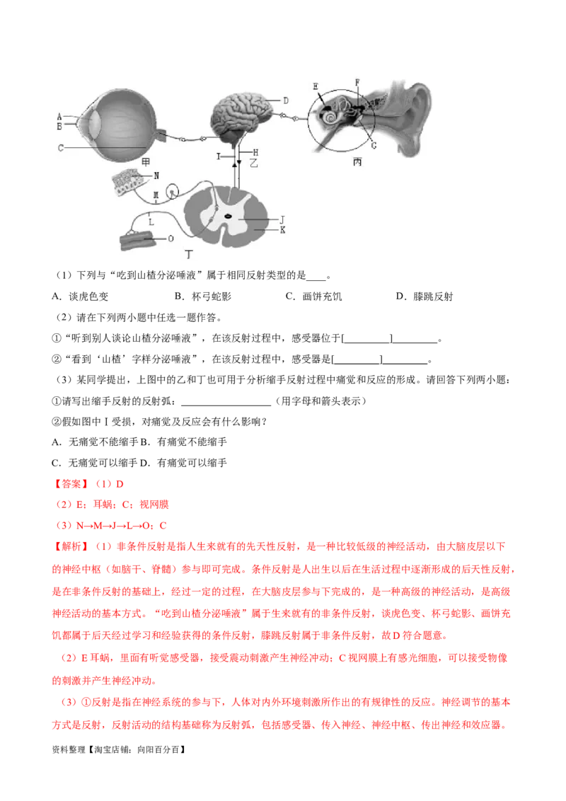 专题08&nbsp;人体生命活动的调节（解析版）_6生物中考复习_2024年中考复习资料_专项复习资料_完三年（2021-2023）中考生物真题分项汇编（全国通用）_答案解析版