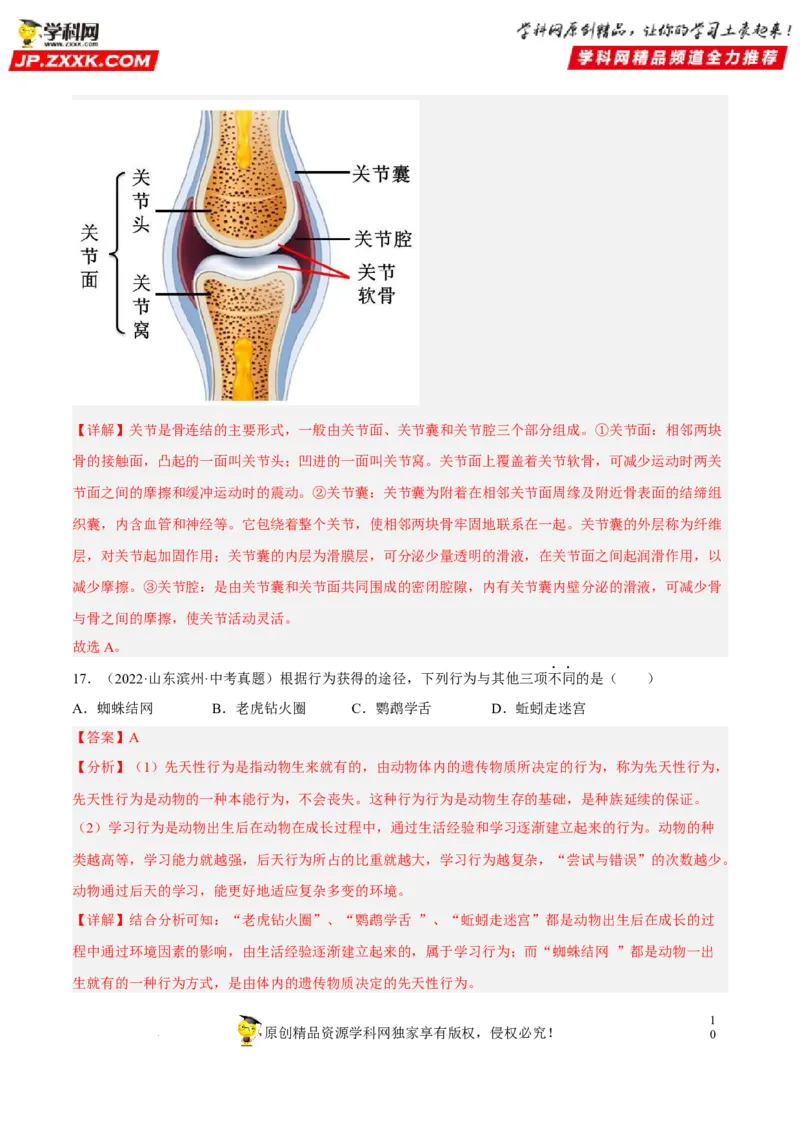 专题13动物的运动和行为（习题帮）（解析版）_6生物中考复习_2023年中考复习资料_一轮复习_备战2023年中考生物一轮复习考点帮（全国通用）288506454