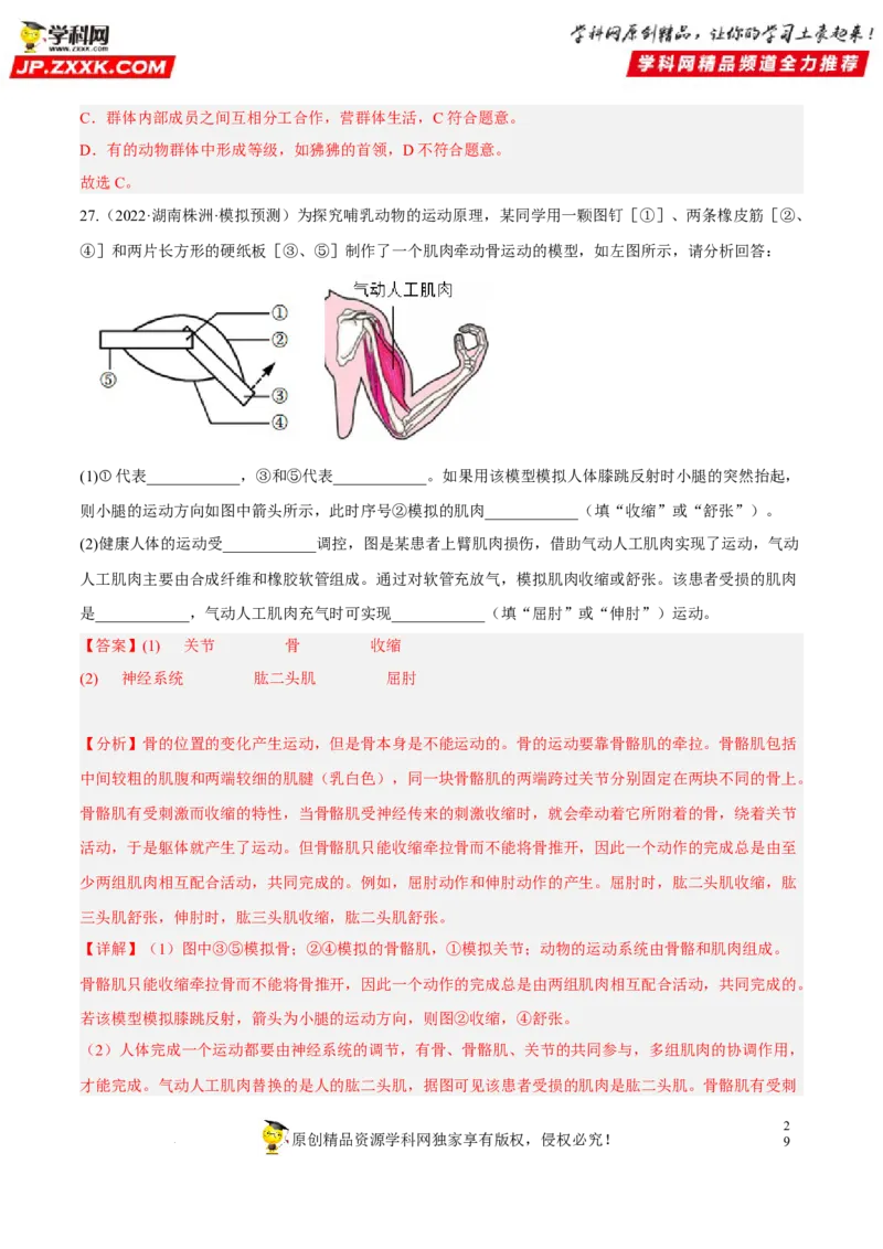 专题13动物的运动和行为（习题帮）（解析版）_6生物中考复习_2023年中考复习资料_一轮复习_备战2023年中考生物一轮复习考点帮（全国通用）288506454