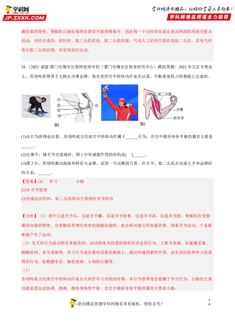 专题13动物的运动和行为（习题帮）（解析版）_6生物中考复习_2023年中考复习资料_一轮复习_备战2023年中考生物一轮复习考点帮（全国通用）288506454