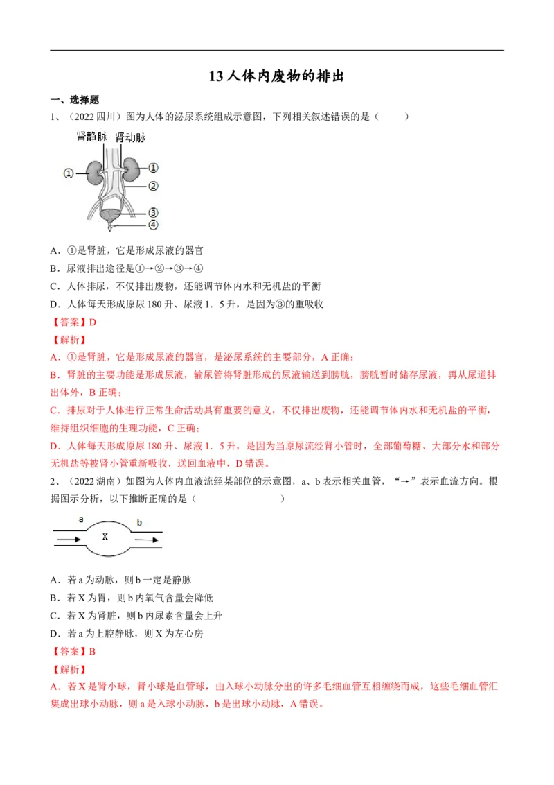 专题13人体内废物的排出（解析版）_6生物中考复习_2023年中考复习资料_一轮复习_2023年中考生物一轮复习讲练测_专题13人体内废物的排出（专题精练）-2023年中考生物一轮复习讲练测