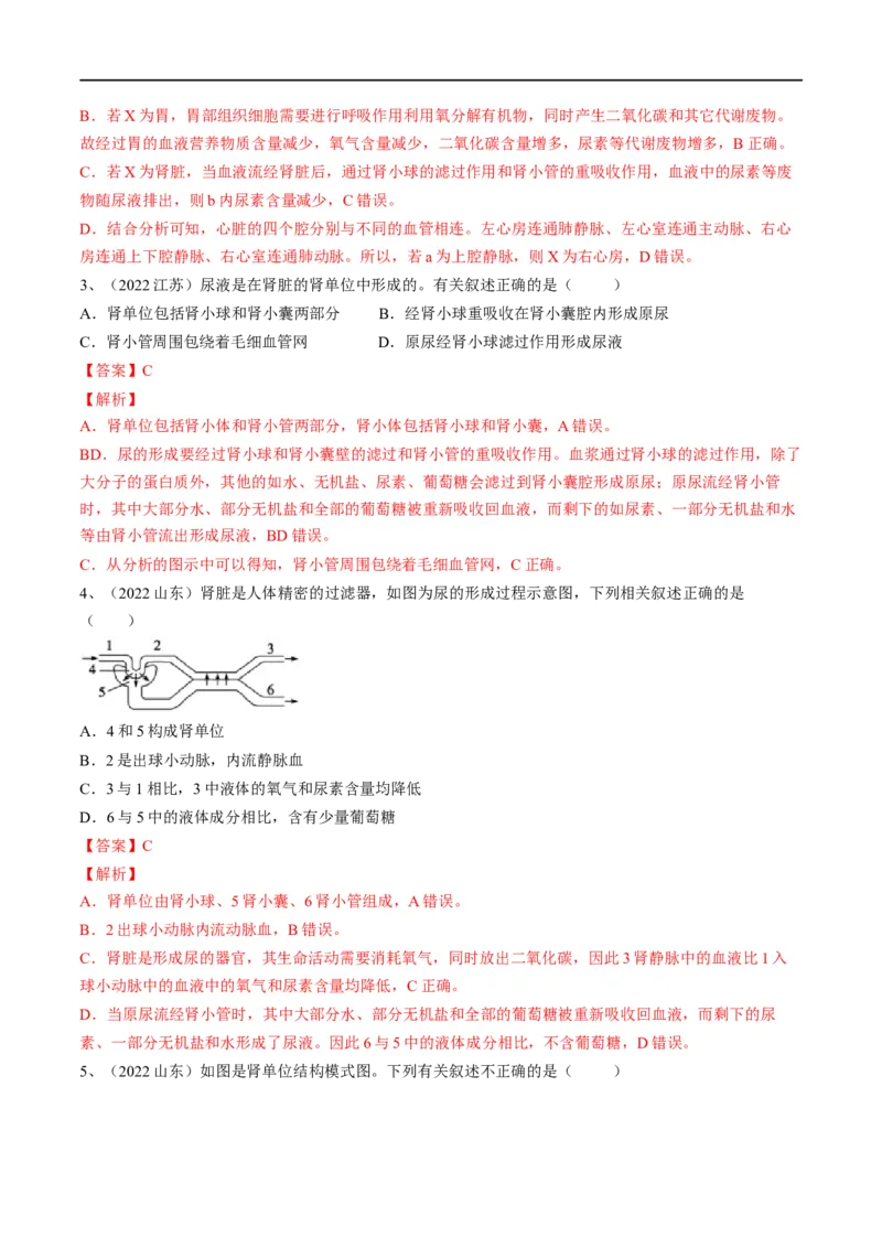 专题13人体内废物的排出（解析版）_6生物中考复习_2023年中考复习资料_一轮复习_2023年中考生物一轮复习讲练测_专题13人体内废物的排出（专题精练）-2023年中考生物一轮复习讲练测