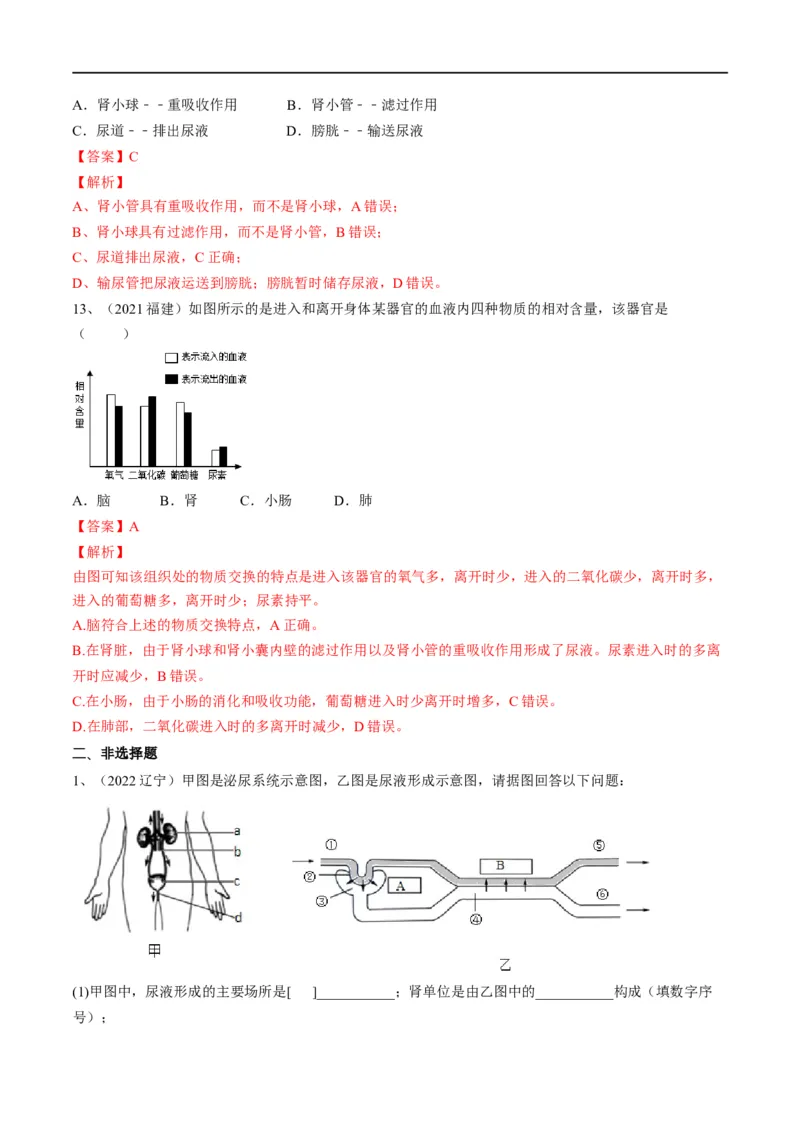 专题13人体内废物的排出（解析版）_6生物中考复习_2023年中考复习资料_一轮复习_2023年中考生物一轮复习讲练测_专题13人体内废物的排出（专题精练）-2023年中考生物一轮复习讲练测