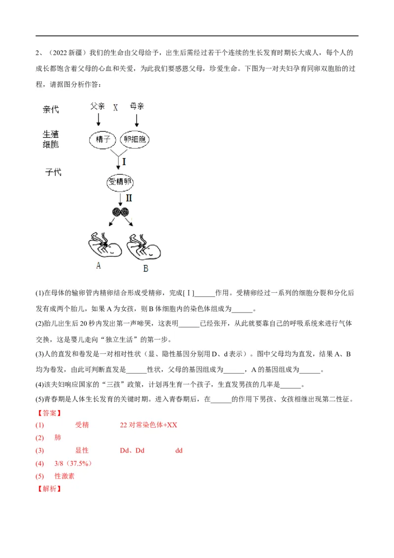 专题09人的由来（解析版）_6生物中考复习_2023年中考复习资料_一轮复习_2023年中考生物一轮复习讲练测_专题09人的由来（专题精练）-2023年中考生物一轮复习讲练测