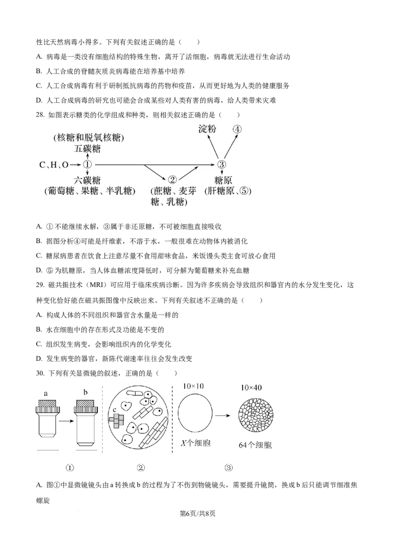 精品解析：河北省衡水市冀州区河北冀州中学2025-2026学年高一上学期10月月考生物试题（原卷版）_2025年11月高一试卷_251106河北省冀州中学2025-2026学年高一上学期第二次月考